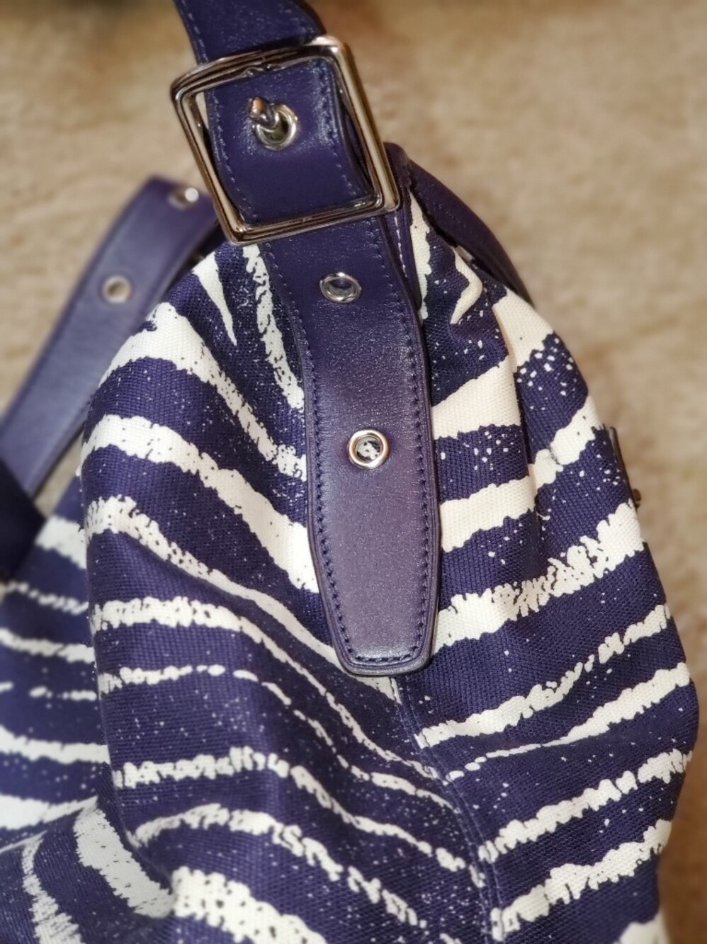 Coach Purple and White Striped Canvas Shoulder Bag w/ Leather Trim And Tassels